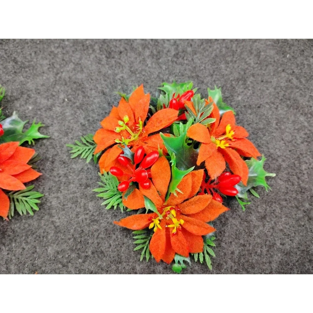 2 Vintage Plastic Flowers Christmas Candle Wreath Poinsettias Holly Berries
